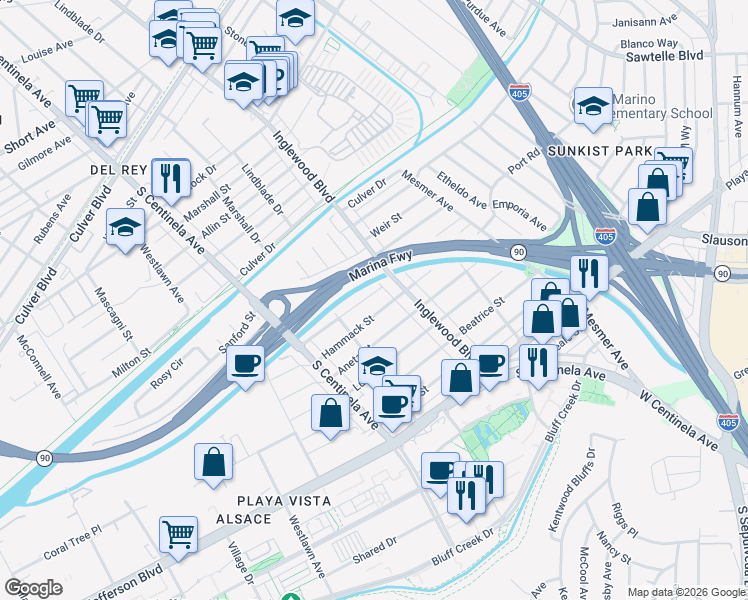 map of restaurants, bars, coffee shops, grocery stores, and more near 12034 Alberta Drive in Culver City