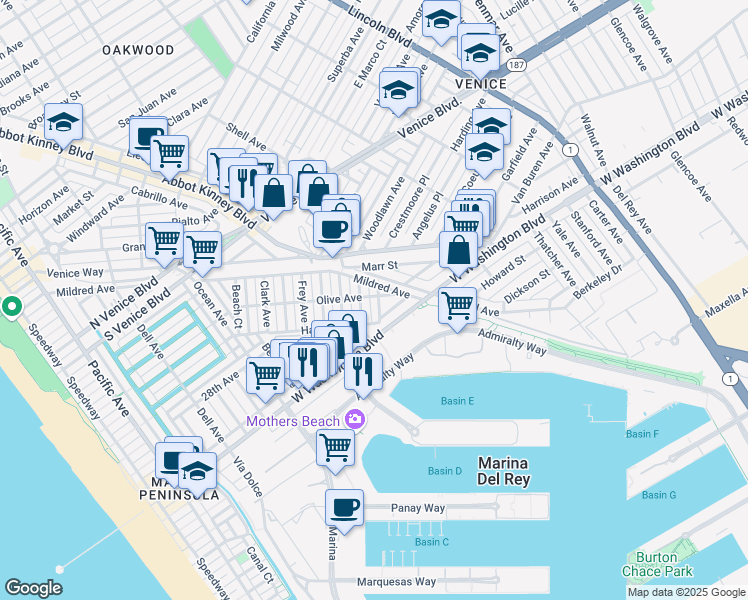 map of restaurants, bars, coffee shops, grocery stores, and more near 2405 Bryan Avenue in Los Angeles