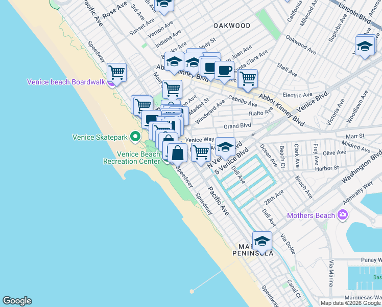 map of restaurants, bars, coffee shops, grocery stores, and more near 1814 Pacific Avenue in Los Angeles