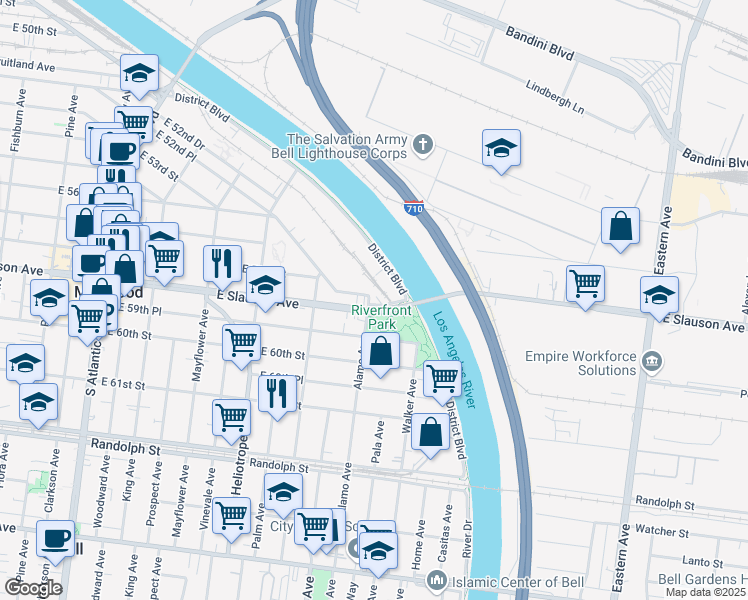 map of restaurants, bars, coffee shops, grocery stores, and more near 4961 East 52nd Place in Los Angeles