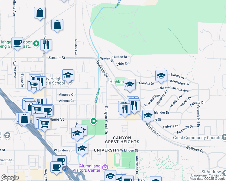 map of restaurants, bars, coffee shops, grocery stores, and more near 2934 Canyon Crest Drive in Riverside