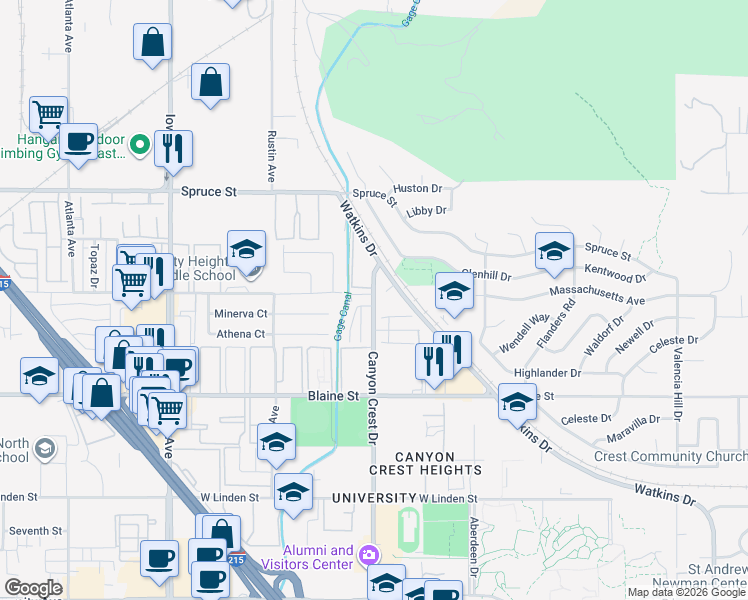 map of restaurants, bars, coffee shops, grocery stores, and more near 2891 Canyon Crest Drive in Riverside