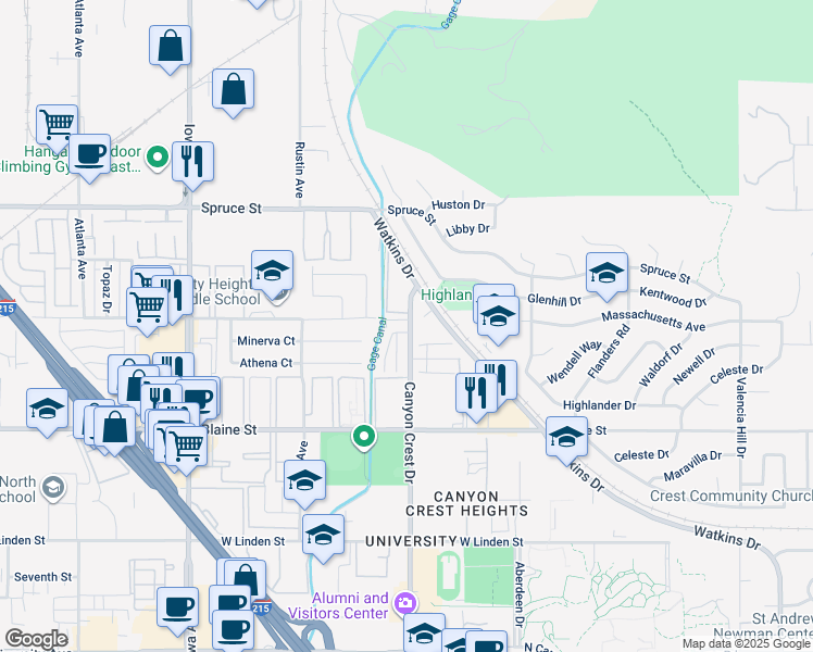 map of restaurants, bars, coffee shops, grocery stores, and more near 2891 Canyon Crest Drive in Riverside
