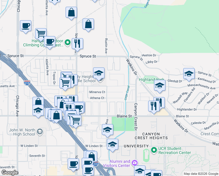 map of restaurants, bars, coffee shops, grocery stores, and more near 1060 Altura Drive in Riverside
