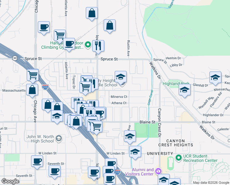 map of restaurants, bars, coffee shops, grocery stores, and more near 1251 Massachusetts Avenue in Riverside