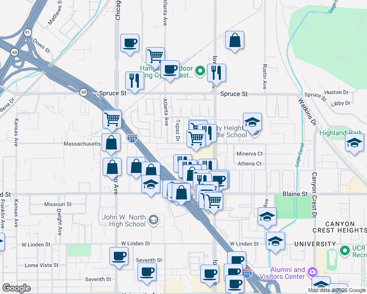 map of restaurants, bars, coffee shops, grocery stores, and more near 1331 Turquoise Street in Riverside