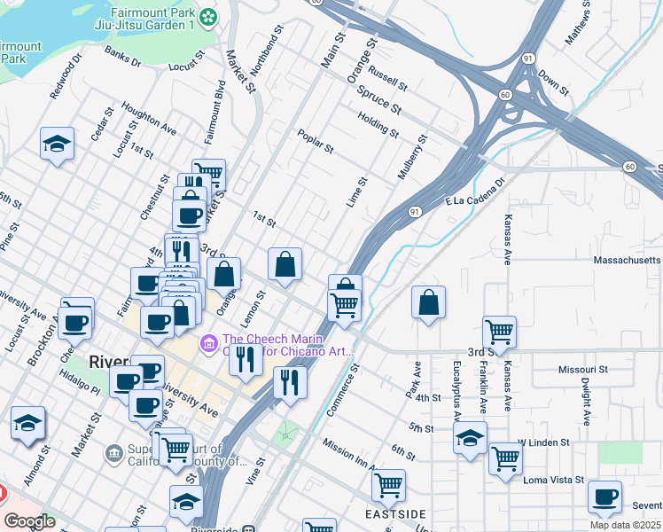 map of restaurants, bars, coffee shops, grocery stores, and more near 3092 Lime Street in Riverside