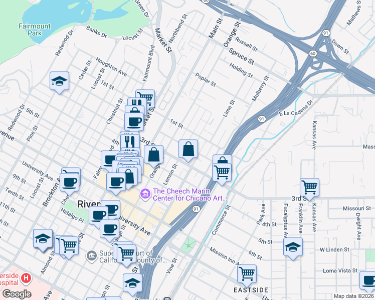 map of restaurants, bars, coffee shops, grocery stores, and more near 3142 Lemon Street in Riverside