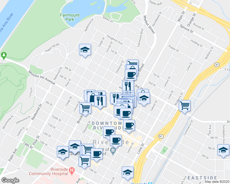 map of restaurants, bars, coffee shops, grocery stores, and more near 3944 4th Street in Riverside