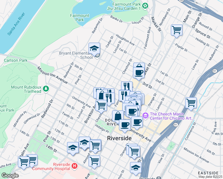 map of restaurants, bars, coffee shops, grocery stores, and more near 4039 5th Street in Riverside