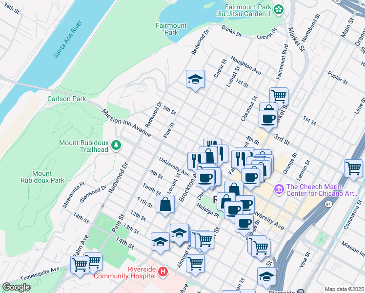 map of restaurants, bars, coffee shops, grocery stores, and more near 4245 6th Street in Riverside