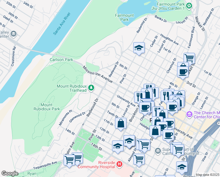 map of restaurants, bars, coffee shops, grocery stores, and more near 3754 Redwood Drive in Riverside