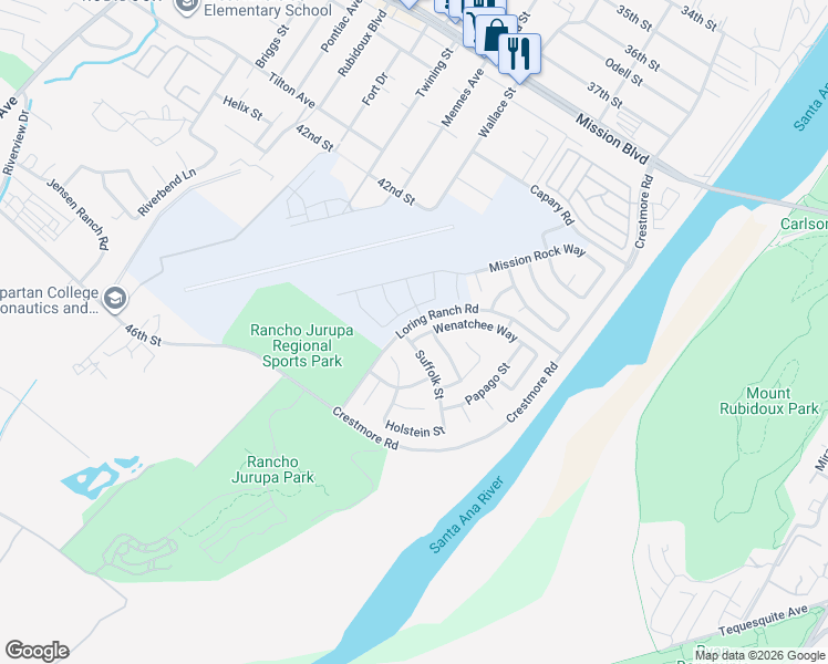 map of restaurants, bars, coffee shops, grocery stores, and more near 5392 Flabob Avenue in Riverside