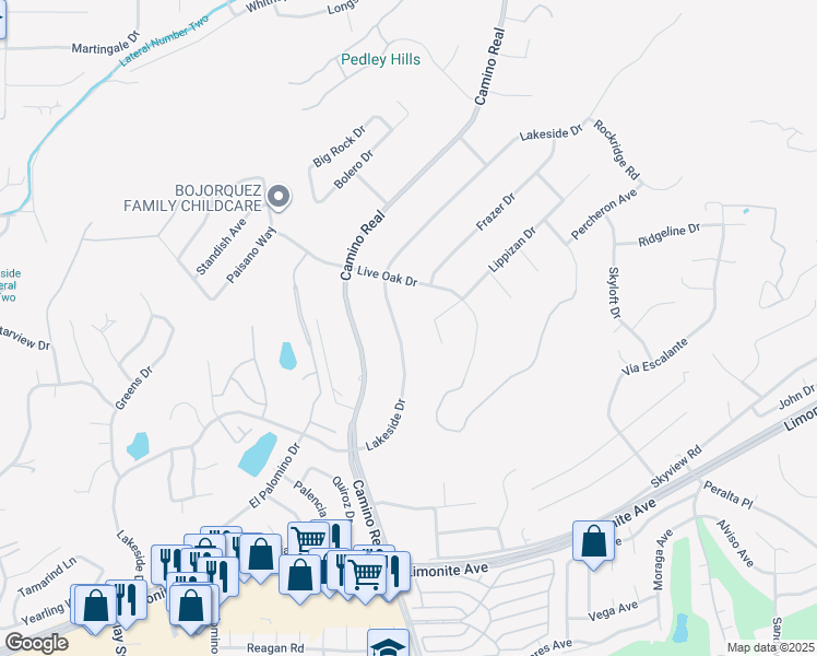 map of restaurants, bars, coffee shops, grocery stores, and more near 7728 Lakeside Drive in Riverside
