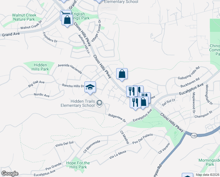 map of restaurants, bars, coffee shops, grocery stores, and more near 14660 Moon Crest Lane in Chino Hills