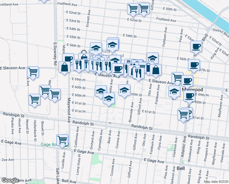 map of restaurants, bars, coffee shops, grocery stores, and more near 5961 Carmelita Avenue in Huntington Park