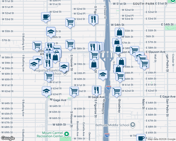 map of restaurants, bars, coffee shops, grocery stores, and more near 5911 Denver Avenue in Los Angeles