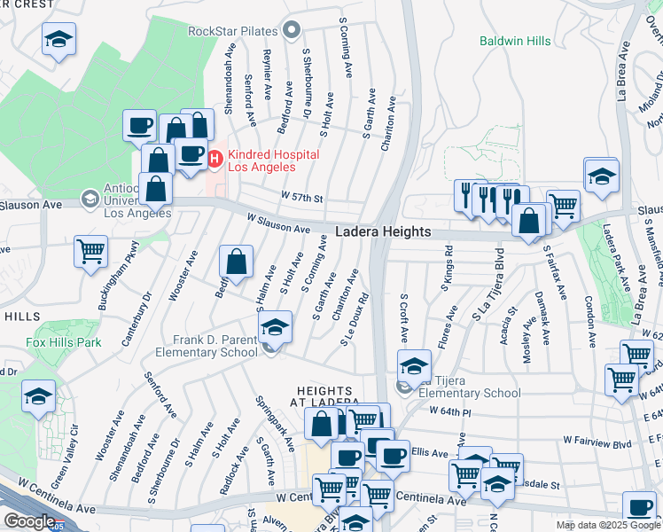 map of restaurants, bars, coffee shops, grocery stores, and more near 5825 South Garth Avenue in Los Angeles