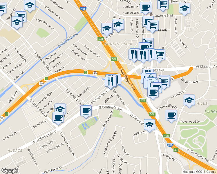 map of restaurants, bars, coffee shops, grocery stores, and more near in Los Angeles