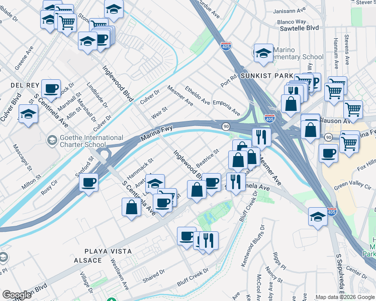 map of restaurants, bars, coffee shops, grocery stores, and more near 11937 Aneta Street in Culver City