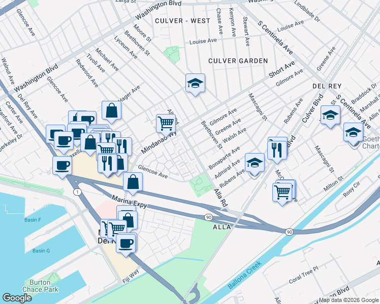 map of restaurants, bars, coffee shops, grocery stores, and more near 4518 Alla Road in Los Angeles