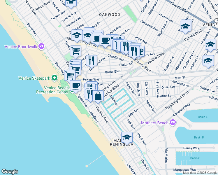 map of restaurants, bars, coffee shops, grocery stores, and more near 501 North Venice Boulevard in Los Angeles