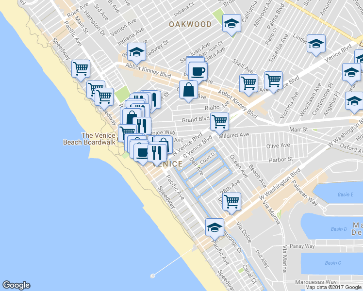 map of restaurants, bars, coffee shops, grocery stores, and more near 334 Venice Way in Los Angeles