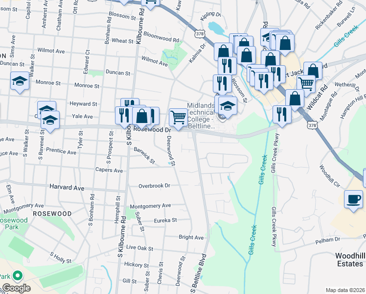 map of restaurants, bars, coffee shops, grocery stores, and more near 209 South Beltline Boulevard in Columbia