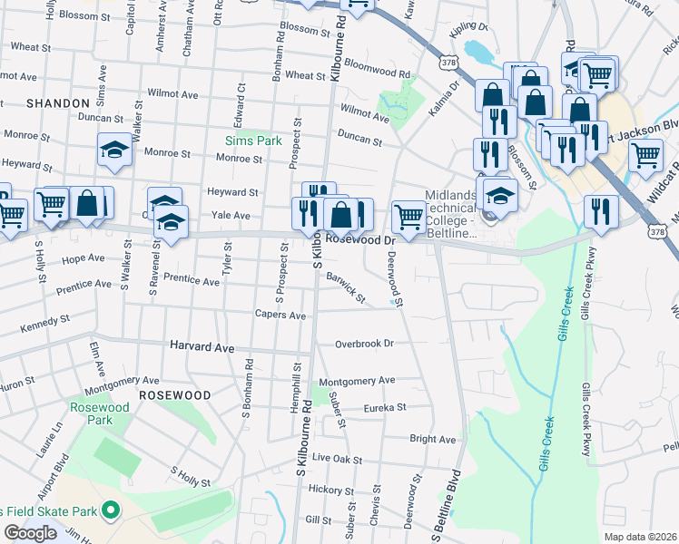 map of restaurants, bars, coffee shops, grocery stores, and more near 222 South Kilbourne Road in Columbia