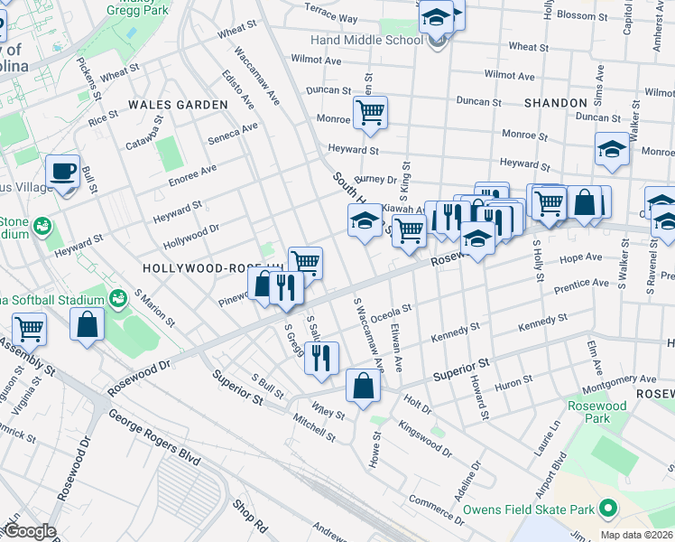 map of restaurants, bars, coffee shops, grocery stores, and more near 306 South Edisto Avenue in Columbia