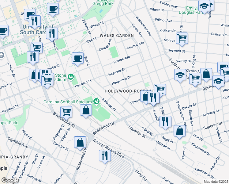 map of restaurants, bars, coffee shops, grocery stores, and more near 137 South Pickens Street in Columbia