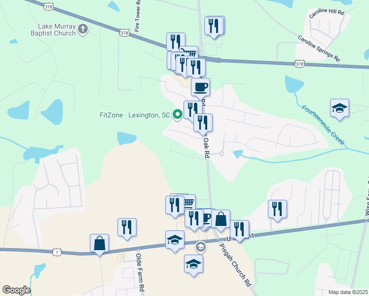 map of restaurants, bars, coffee shops, grocery stores, and more near 335 Charter Oak Court in Lexington