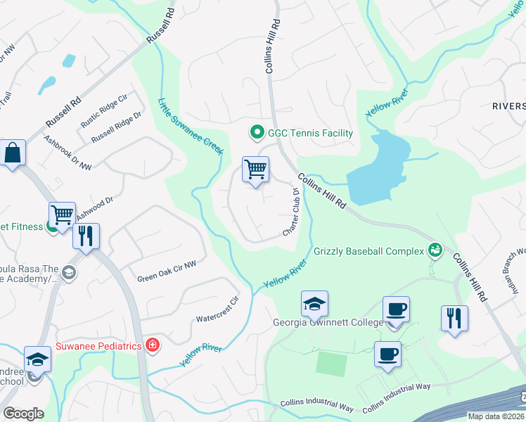 map of restaurants, bars, coffee shops, grocery stores, and more near 1351 Woodland View Road in Lawrenceville