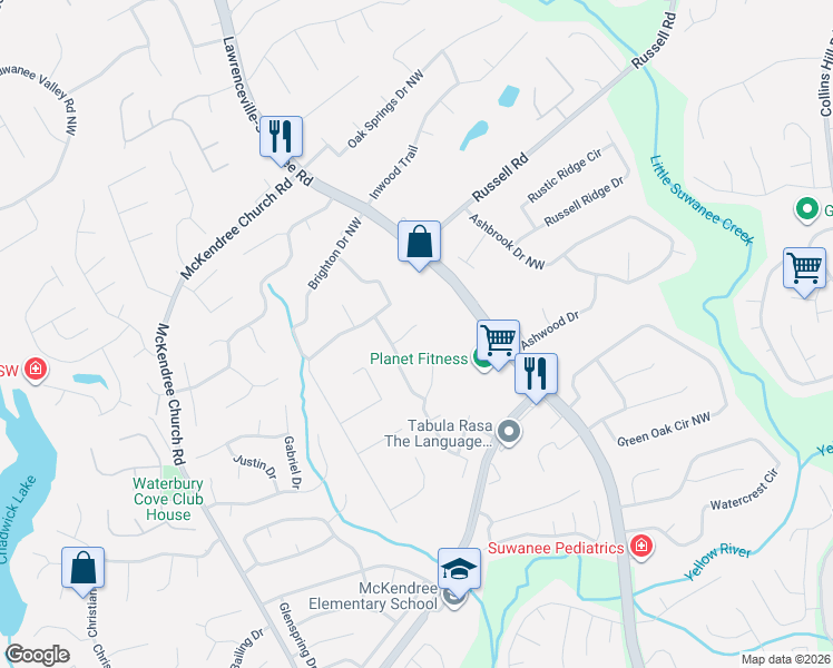 map of restaurants, bars, coffee shops, grocery stores, and more near 615 Claredon Drive Northwest in Lawrenceville