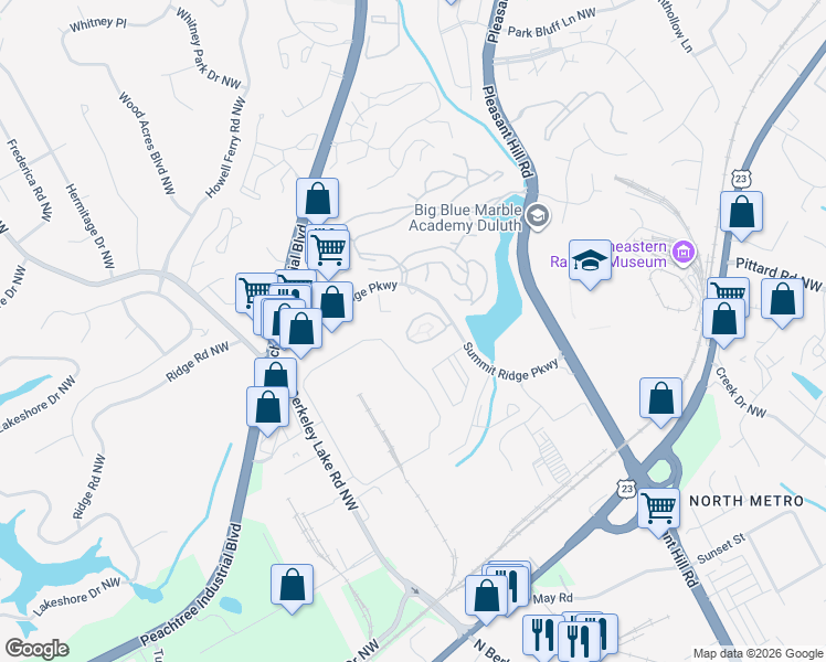 map of restaurants, bars, coffee shops, grocery stores, and more near 3855 Thayer Trace in Duluth
