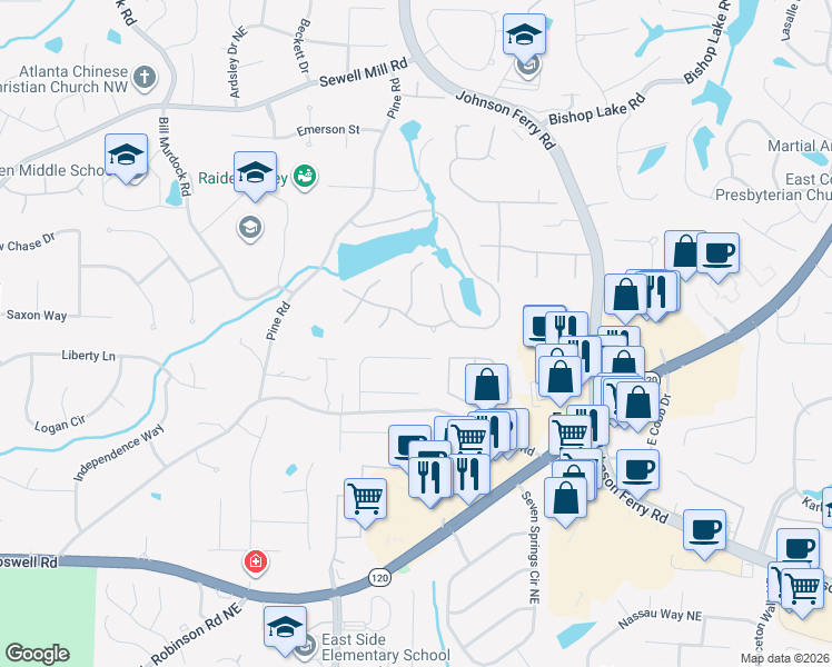 map of restaurants, bars, coffee shops, grocery stores, and more near 4047 Bradbury Drive in Marietta
