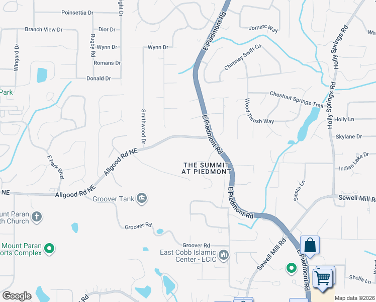map of restaurants, bars, coffee shops, grocery stores, and more near 2106 Allgood Road Northeast in Marietta