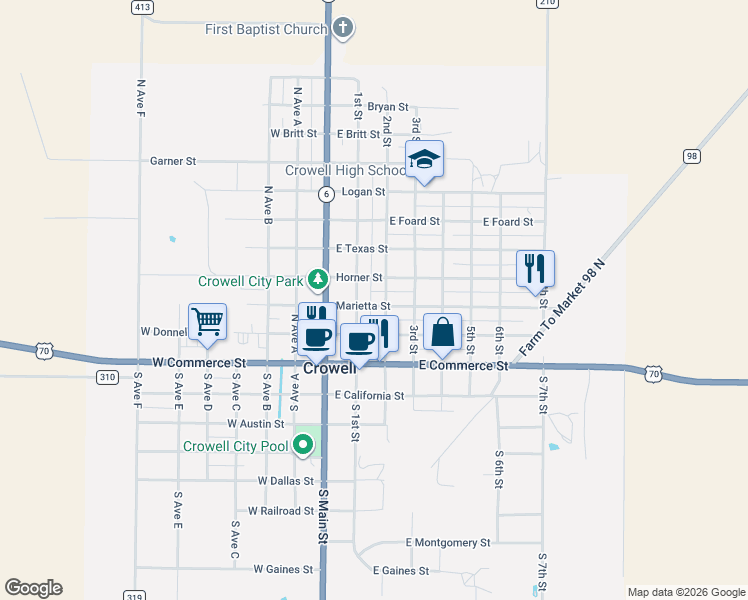map of restaurants, bars, coffee shops, grocery stores, and more near 321 2nd Street in Crowell