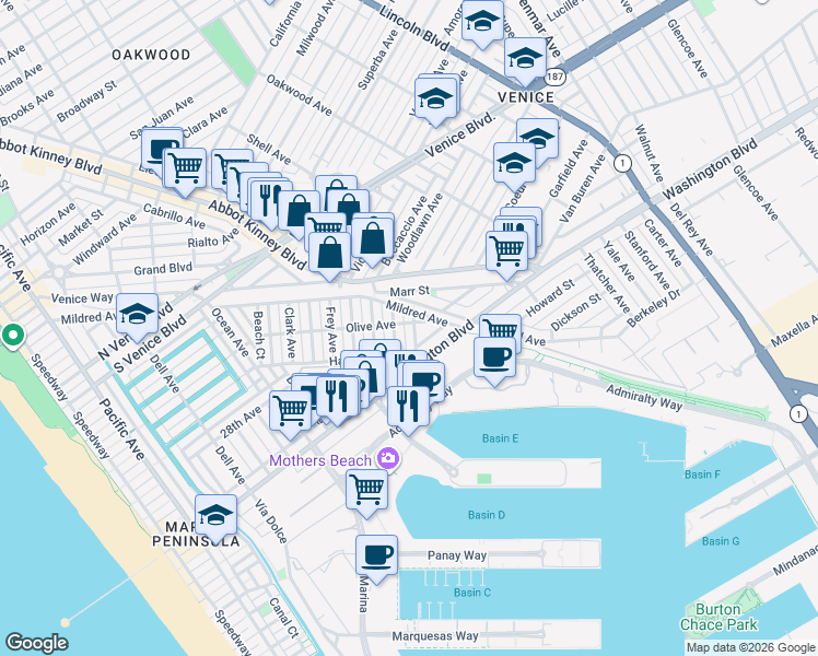 map of restaurants, bars, coffee shops, grocery stores, and more near 2405 Bryan Avenue in Los Angeles