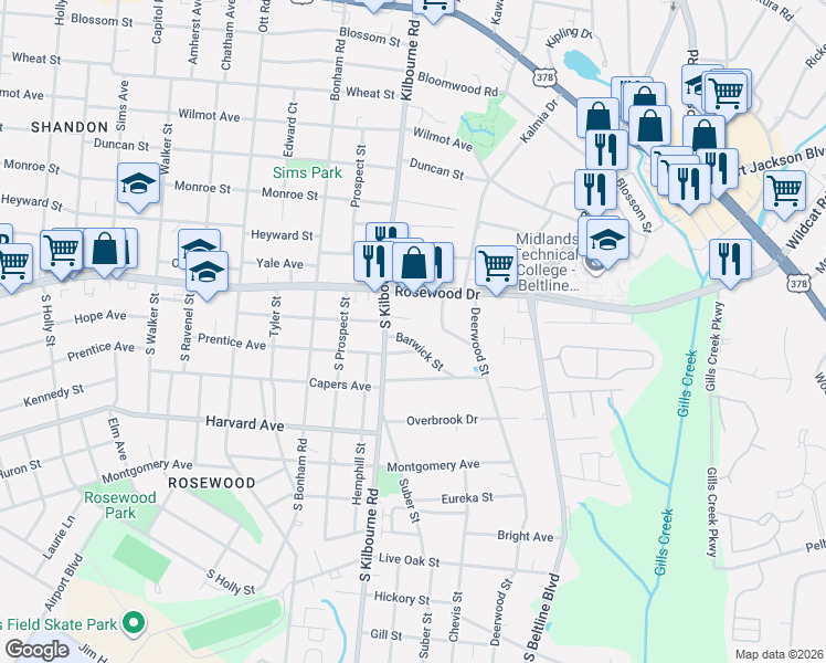 map of restaurants, bars, coffee shops, grocery stores, and more near 222 South Kilbourne Road in Columbia