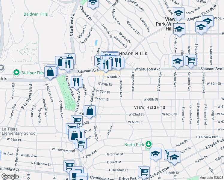 map of restaurants, bars, coffee shops, grocery stores, and more near 4437 West 59th Place in View Park-Windsor Hills