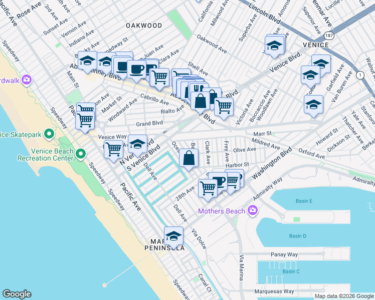 map of restaurants, bars, coffee shops, grocery stores, and more near 2341 Beach Avenue in Los Angeles