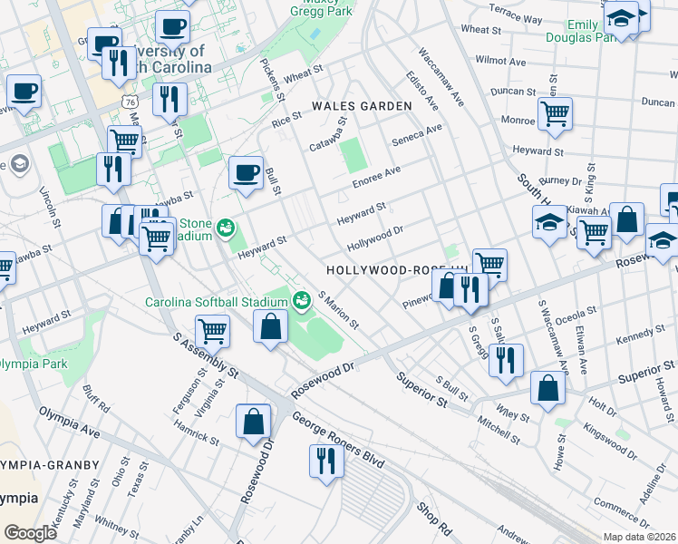 map of restaurants, bars, coffee shops, grocery stores, and more near 152 South Bull Street in Columbia