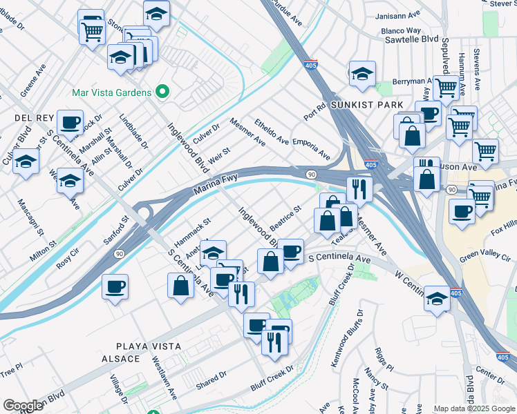 map of restaurants, bars, coffee shops, grocery stores, and more near 11937 Aneta Street in Culver City