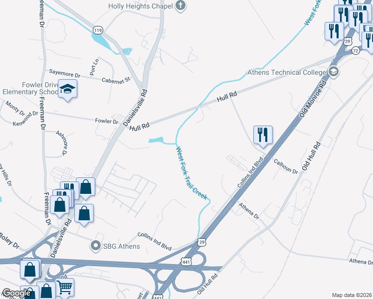 map of restaurants, bars, coffee shops, grocery stores, and more near 210 Hull Road in Athens