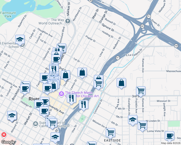 map of restaurants, bars, coffee shops, grocery stores, and more near 3152 Lime Street in Riverside