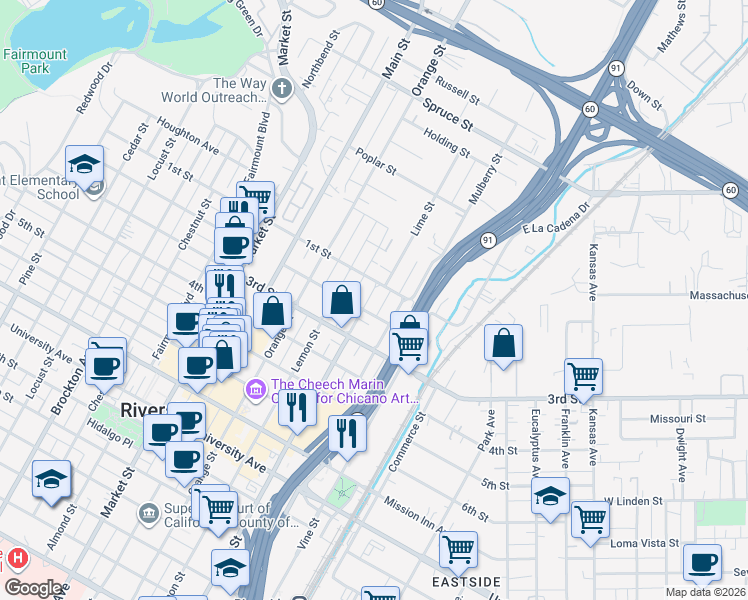 map of restaurants, bars, coffee shops, grocery stores, and more near 3152 Lime Street in Riverside