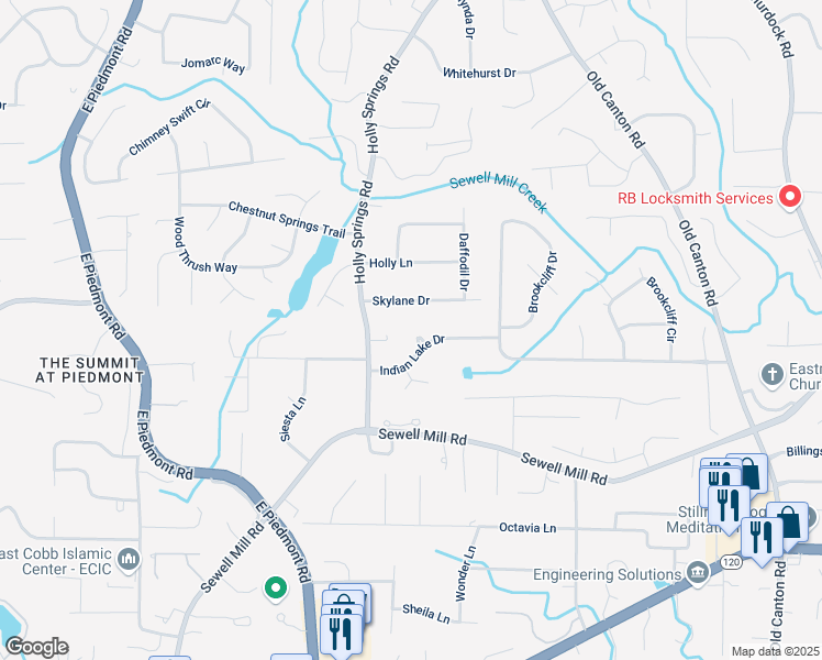 map of restaurants, bars, coffee shops, grocery stores, and more near 2615 Indian Lake Drive in Marietta