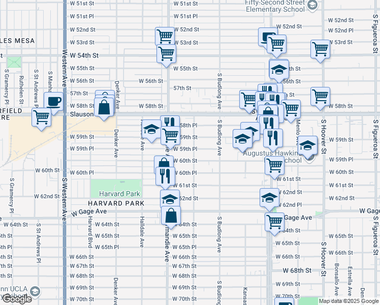 map of restaurants, bars, coffee shops, grocery stores, and more near 1306 West 59th Place in Los Angeles