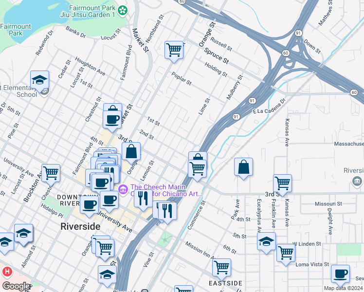map of restaurants, bars, coffee shops, grocery stores, and more near 3150 Lime Street in Riverside
